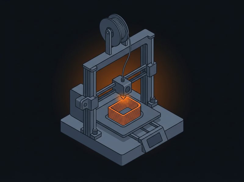 Isometric illustration of an FDM additive-manufacturing printer laying down a layered part