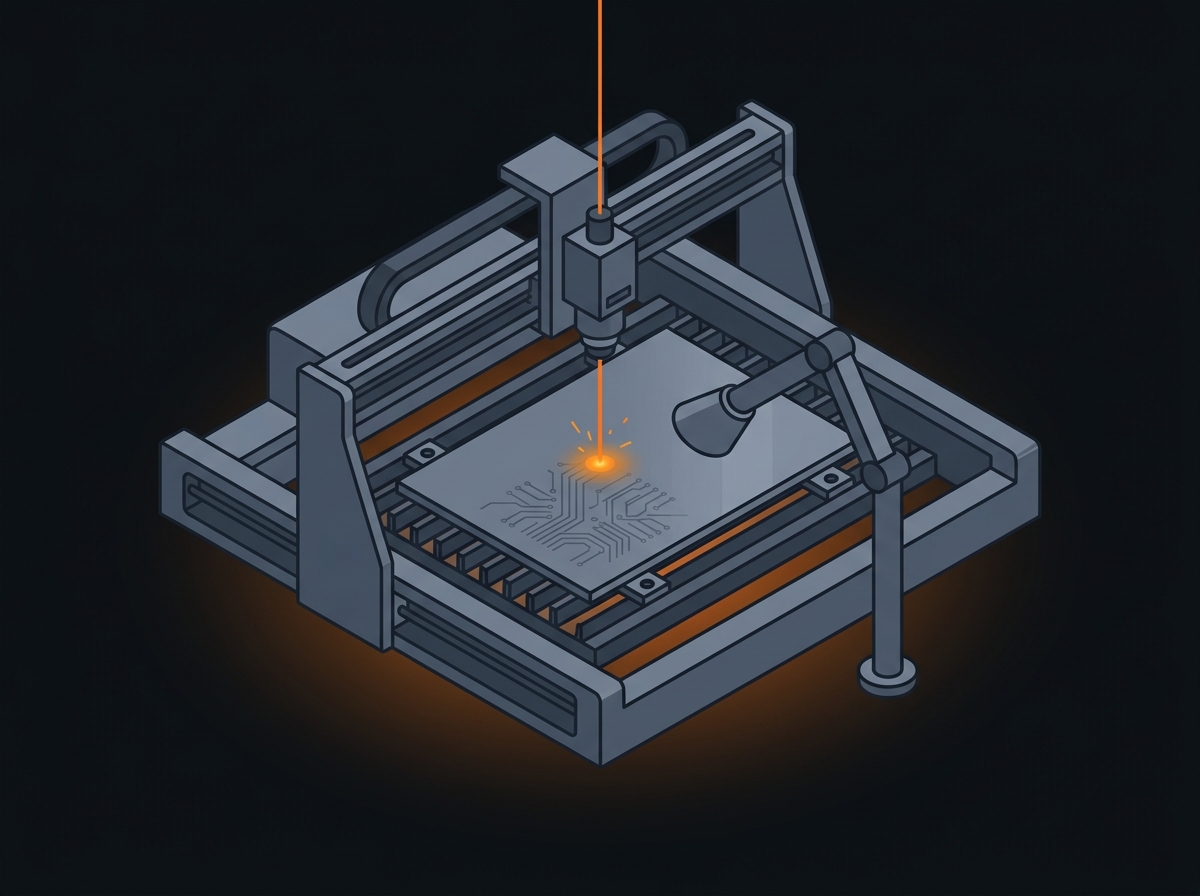 Isometric illustration of a fiber laser head marking a metal part