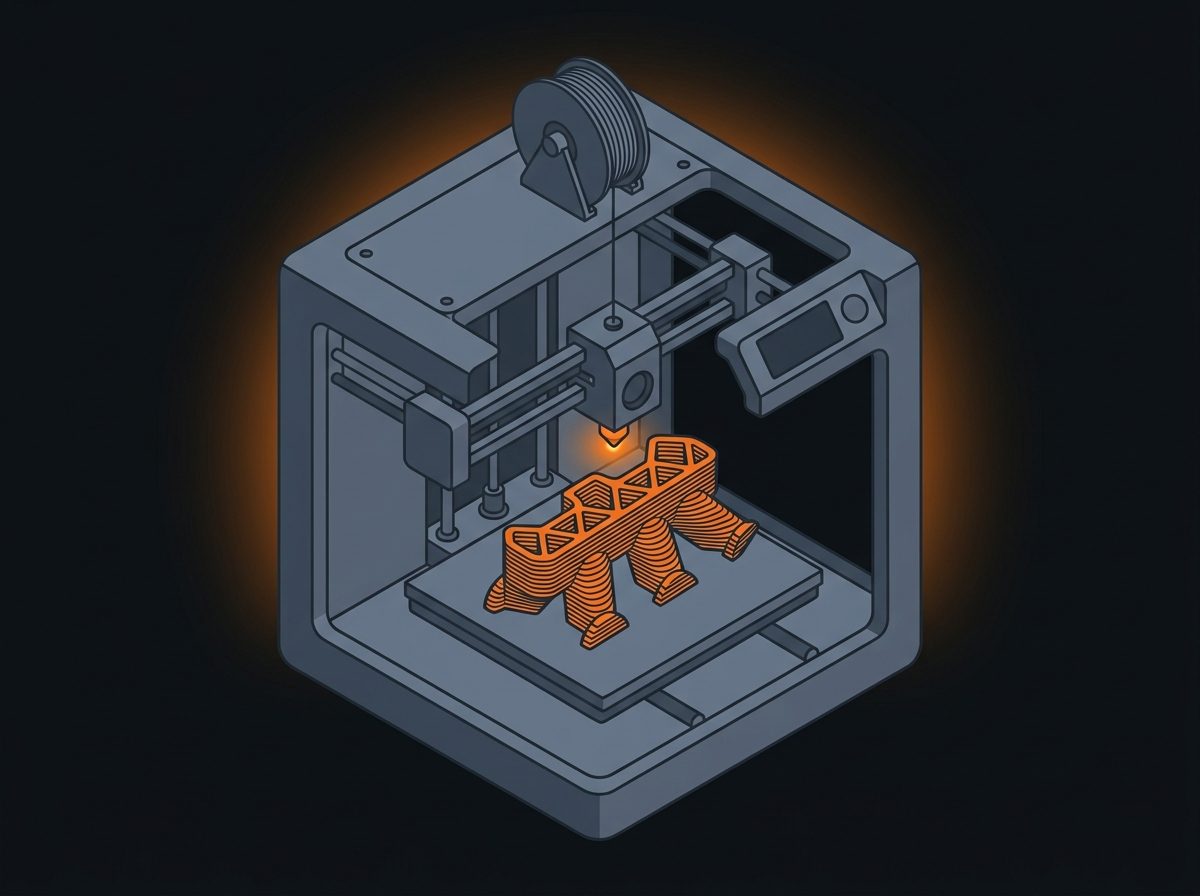 Isometric illustration of an FDM additive-manufacturing printer: a filament spool feeding a gantry print head that is laying down an orange part layer by layer on a build plate