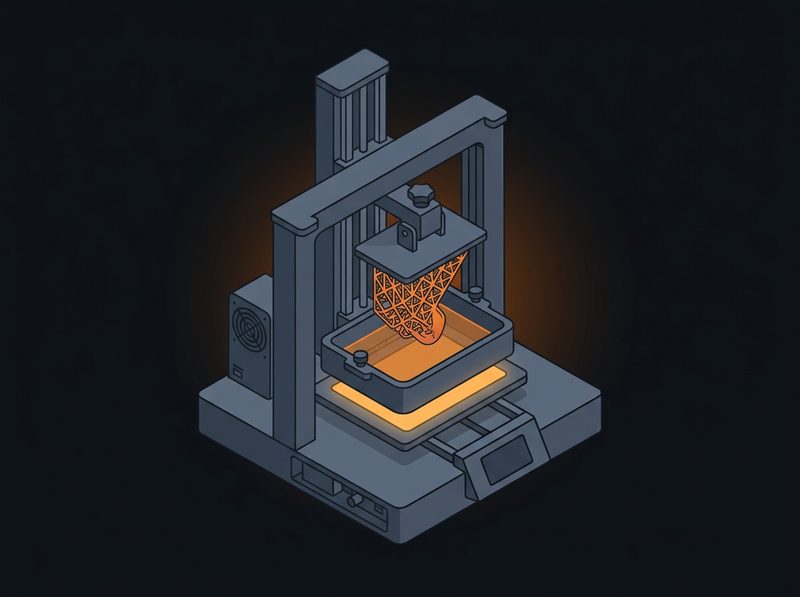 Isometric illustration of a resin MSLA additive-manufacturing printer with a part lifting out of the resin vat