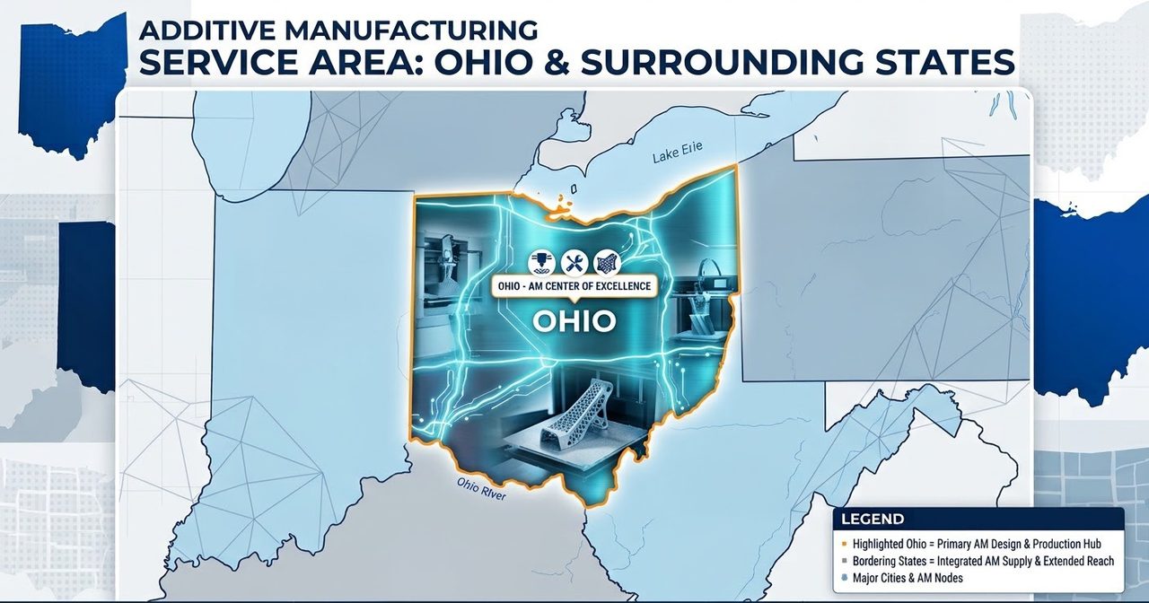 Service area map: Ohio highlighted as the primary additive-manufacturing hub, with bordering states Michigan, Indiana, Pennsylvania, West Virginia and Kentucky, major cities and interstate routes.