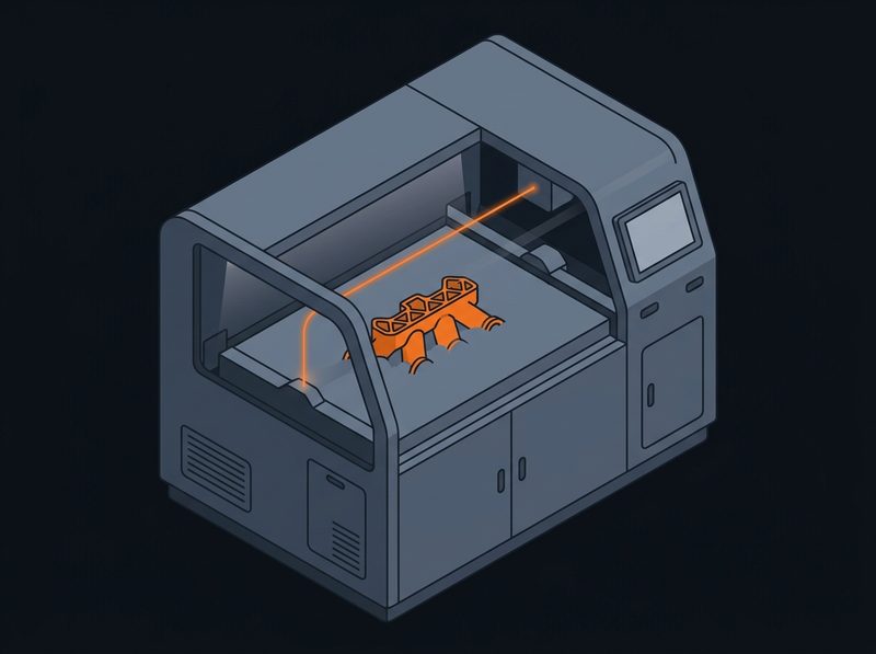 Isometric illustration of an SLS additive-manufacturing printer with a laser scanning a powder bed